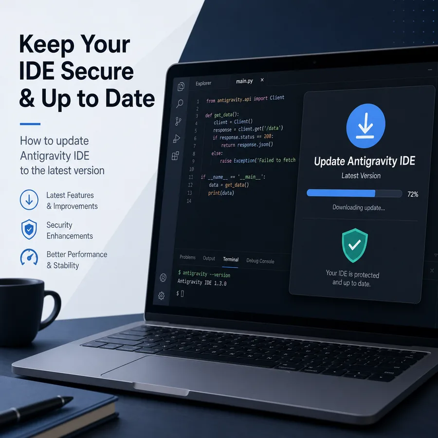 Développeur mettant à jour Google Antigravity IDE après un avertissement de version ancienne